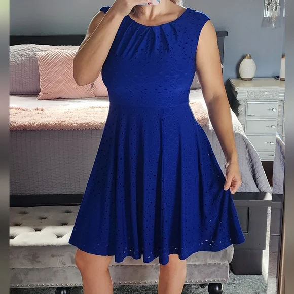London Times | Dresses | Blue Eyelet Fit And Flare Dress | Poshmark